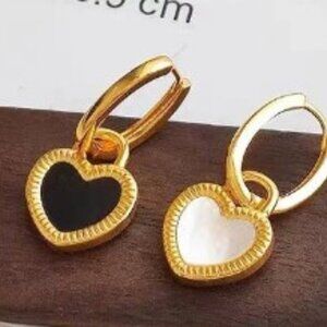 18K Gold Plated Black & White Reversible Heart Drop Earrings, Stainless Steel